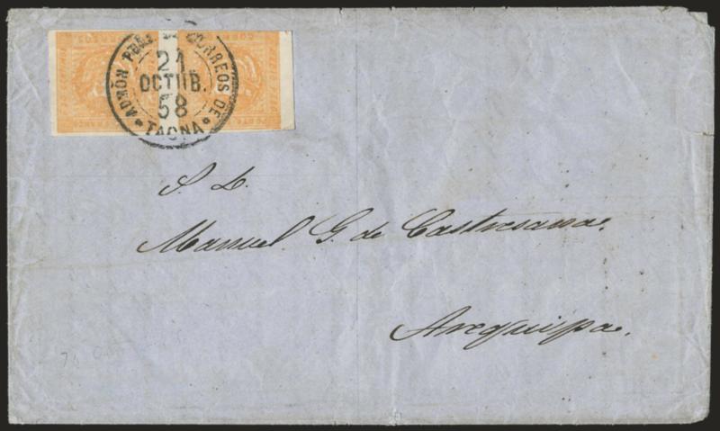 1858, -12p Buff (6).> Horizontal pair, Types C-D, large margins to slightly in at bottom left, rich color, tied by Admon. Pral de Correos de Tacna 21 Octob. 58 circular datestamp on blue folded letter to
Arequipa, minor edgewear, tiny corner creas