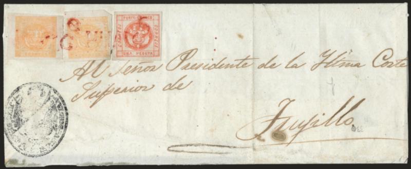 1858, -12p Orange Yellow (6a).> Two singles, Types C and E, large margins all around, bright shade, used with <1859 1p Red (8),> large margins, cancelled by two strikes of red ^HUALGC^ Hualgayoc straightline on
judicial wrapper to the President of