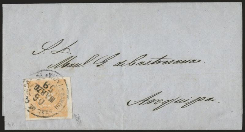 1858, -12p Buff (6).> Type A, huge even margins, bright shade, tied by Admon. Pral de Correos de Tacna 05 Marzo 59 circular datestamp on blue folded letter to Arequipa<><>^EXTREMELY FINE GEM STAMP AND A
BEAUTIFUL 1858 MEDIO PESO COVER.^<><>Ex