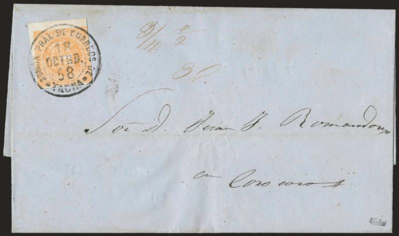 1858, -12p Buff (6).> Type E, three large margins, barely in at top, bright shade, tied by Admon. Pral de Correos de Tacna 18 Octob. 58 circular datestamp on blue folded letter <to Coxocoxo, Bolivia,> a Fine and
rare example of the 1858 Medio Peso