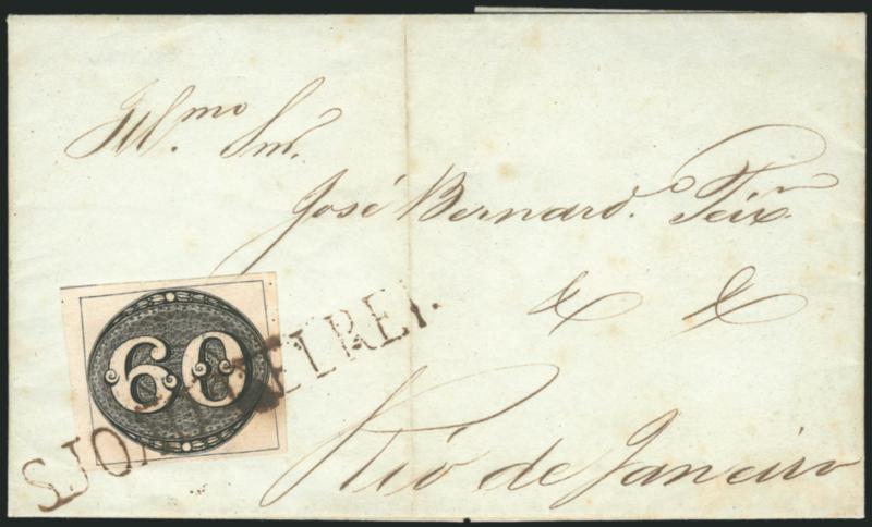 1843, 60r Deep Black, Early Impression (2).> Large margins, intense jet-black shade and proof-like impression with every delicate line of the lathework present, tied by clear strike of scarce ^S.JOAO DEL REI^
straightline town handstamp on greenish