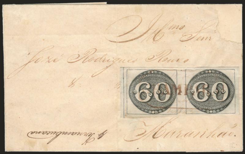 1843, 60r Black, Intermediate Impression (2).> Horizontal pair, large margins with outer frameline at left, cancelled by scarce brownish ^GRAMPARA^ framed handstamp with manuscript 15 de Debr. 1843 date on the
pair (as usual for this town), not t