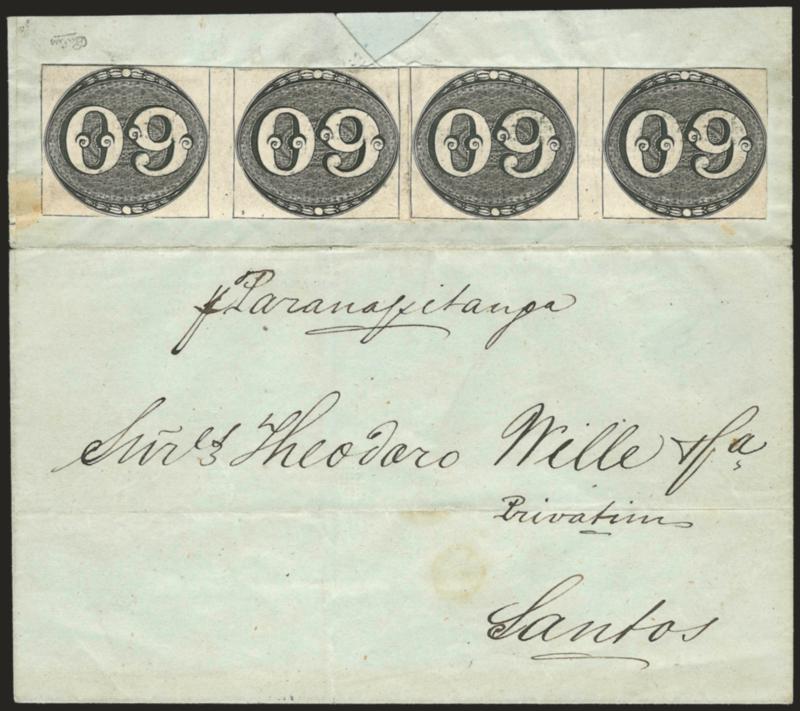1843, 60r Deep Black, Early Impression (2).> Two horizontal pairs affixed in slightly overlapping positions and aligned as a strip, <uncancelled> on back flap of greenish folded letter to Santos (Sau Paulo),
endorsed <<p. Paranapitanga>><><>^VERY