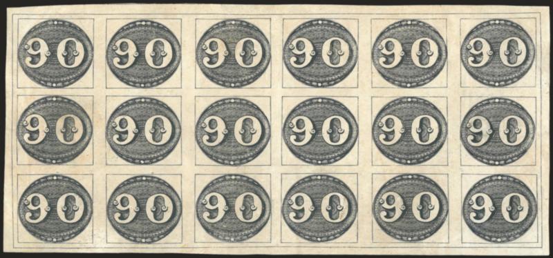 1843, 90r Black, Intermediate Impression (3). Complete unused pane of 18,> 1st Composite Plate, State A, sharp impression (early Intermediate), large margins all around with full outer framelines, faint ms. 206
in bottom margin, tears in corners an