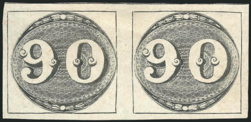 1843, 90c Black, Intermediate Impression (3).> 2nd Composite Plate, State D, Positions 3-4, horizontal pair with large margins and outer frameline at top, unused (no gum), small thin in right stamp, Extremely
Fine appearance, a rare unused multiple,