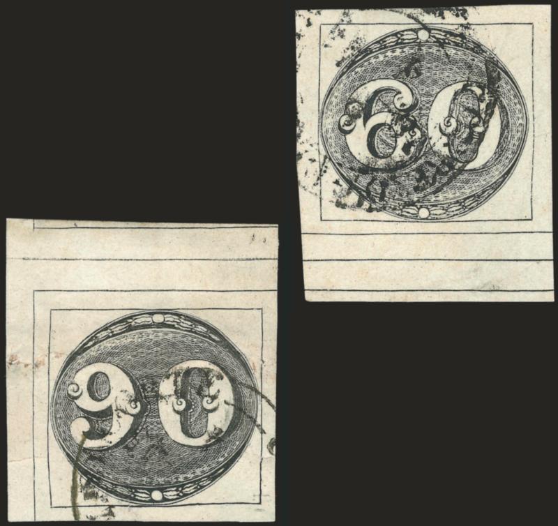 1843, 60r, 90c Bull’s Eyes, Intermediate Impressions (2, 3).> Each stamp from a composite plate with <interpanneau dividing line and outer frameline from adjoining pane in margin,> 60r has huge margins showing
dividing line and outer frameline of 90r