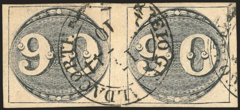 1843, 90r Black, Late Impression (3).> Horizontal pair, full margins, bold Correio Geral da Corte 13101844 circular datestamp, thin and small faults, Very Fine appearance, Meyer Euros 4,200