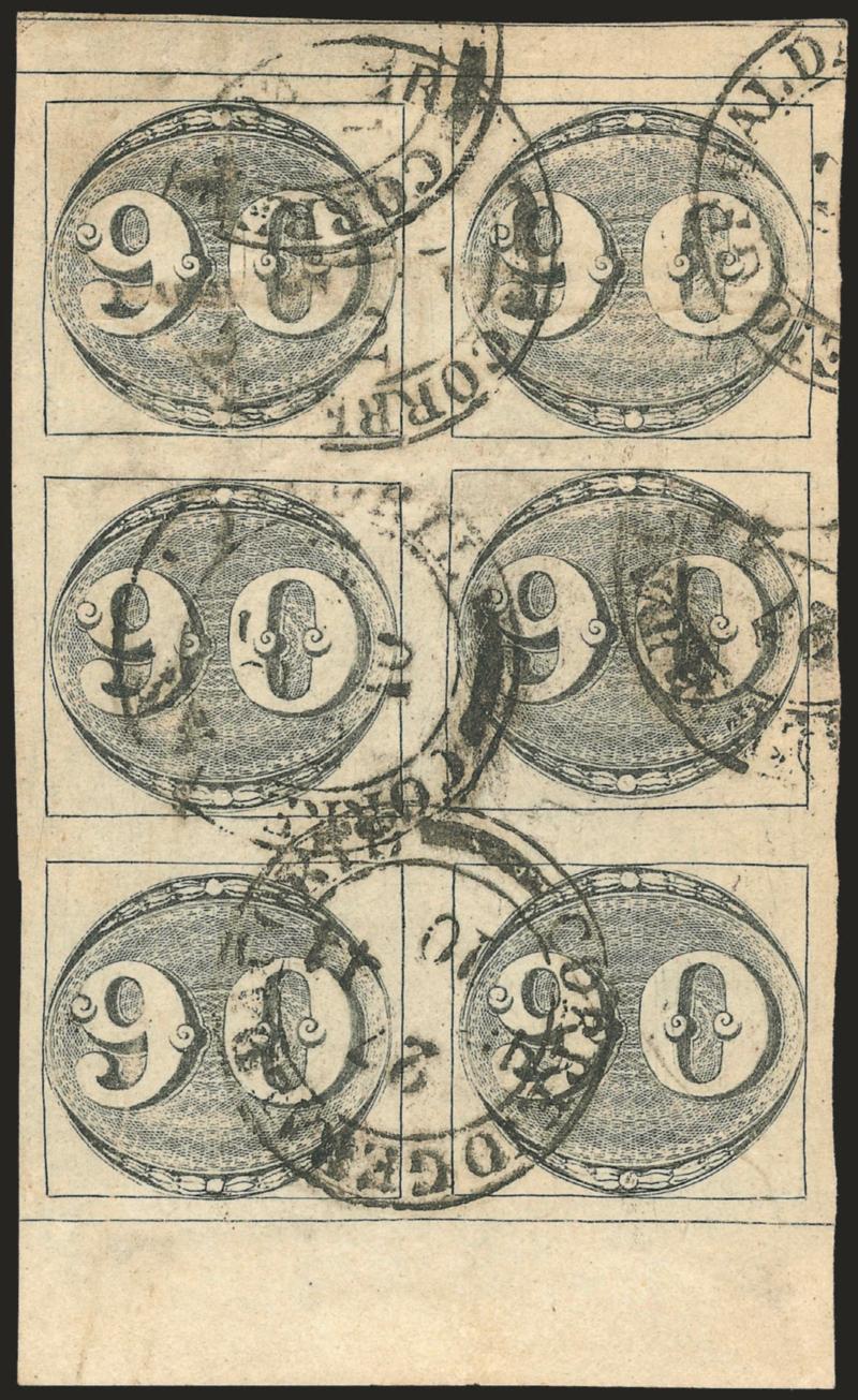 1843, 90r Black, Late Impression (3).> 2nd Composite Plate, State C, Positions 2-38-914-15, block of six with huge margins all around including bottom sheet margin and <interpanneau dividing line at top,>
multiple strikes of Correio Geral da Corte