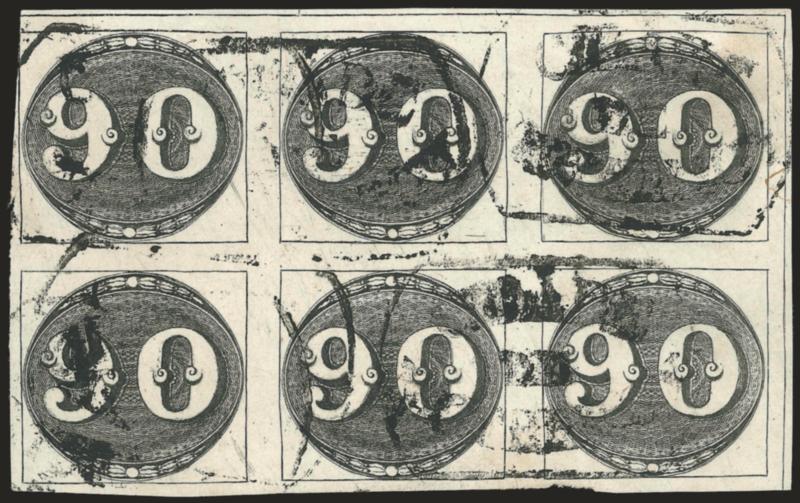 1843, 90r Deep Black, Intermediate Impression (3).> 2nd Composite Plate, Stated C, Positions 4-610-12, block of six from the upper right corner of the pane, mostly large margins including outer framelines at top
and right, just barely into upper lef
