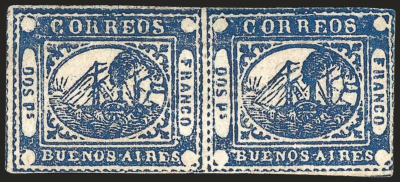 1858, 2p (Dos Ps) Blue (2).> Horizontal pair, unused (no gum), margins clear on three sides and barely in at right, rich color, sealed tear in left stamp and reinforced crease in right, neither affecting
beautiful appearance<><>^VERY FINE APPEARA