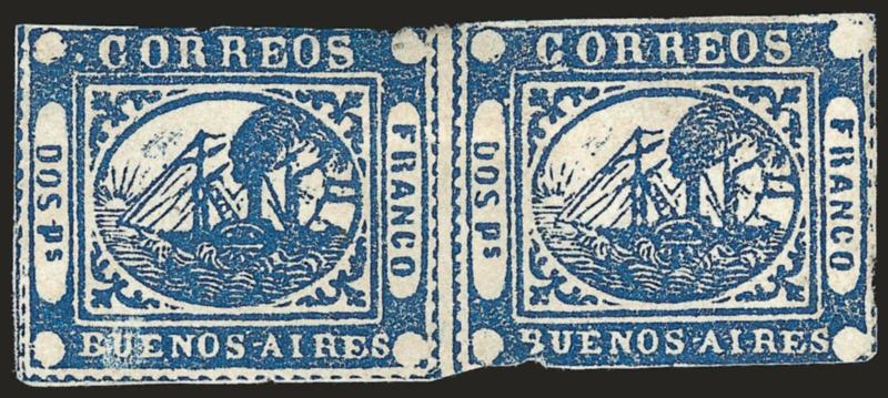 1858, 2p (Dos Ps) Blue (2).> Horizontal pair, unused (no gum), margins clear to in at bottom, small faults, still Fine appearance and exhibit-worthy, this is the other of the two recorded unused pairs, which are
the only unused multiples of the 2p