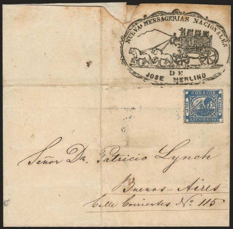 1858, 2p (Dos Ps) Blue (2).> Full to large margins all around, bright shade, uncancelled on folded cover to street address in Buenos Aires, backflap has a perfect bold strike of <Nuevas Mensagerias Nacionales de
Jose Merlino> (Jose Merlinos New