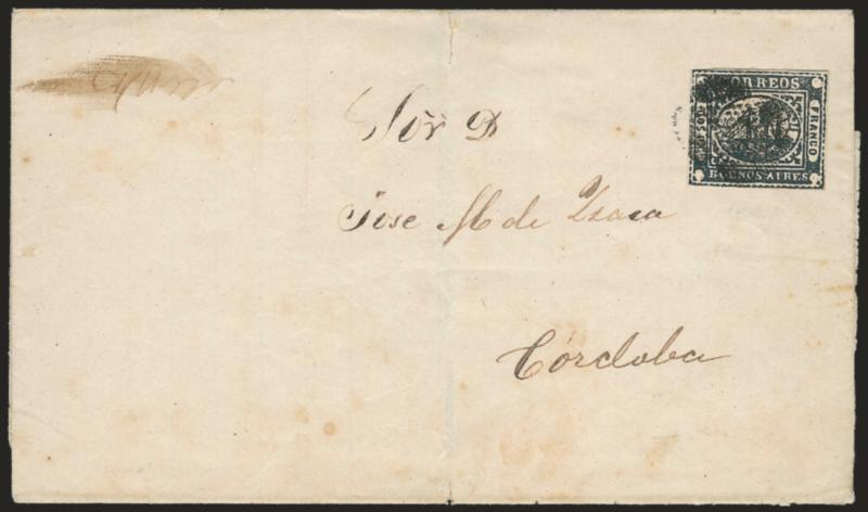 1858, 2p (Dos Ps) Indigo (2a).> Margins clear except just barely touched at top left, intense shade and impression, tied by <<ponchito>> cancel on folded cover to Cordoba, scattered toned spots and slight wear
along folds, Very Fine, scarce shade o