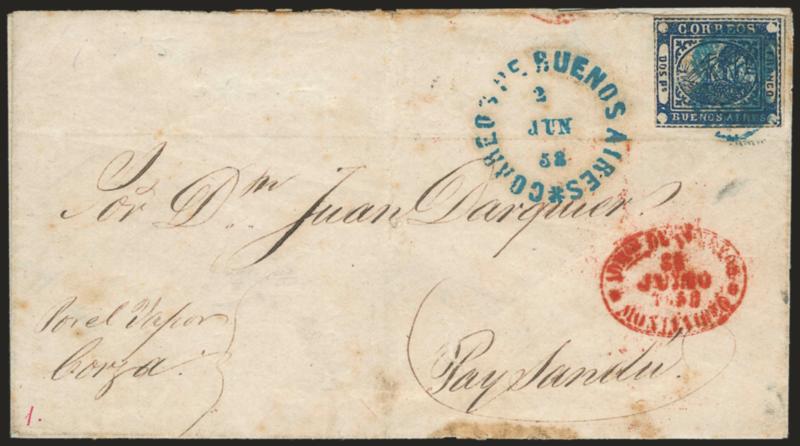1858, 2p (Dos Ps) Blue (2).> Large margins at top and right, frameline complete at bottom and slightly in at left, tied by blue <<ponchito>> cancel, matching Correos de Buenos Aires 2 Jun 58 circular datestamp on
folded cover <to Paysandu, Urugua