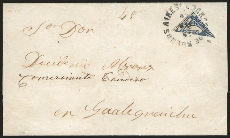 1858, 2p (Dos Ps) Blue, Diagonal Half Used as 1p (2b).> Upper left diagonal half tied all around by Correos de Buenos Aires 26 Abr 59 circular datestamp on folded cover to Gualeguaychu, the bisect pays the
reduced one-peso domestic rate in effect