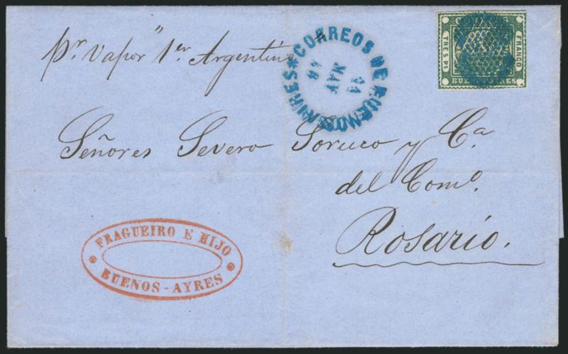 1858, 3p (Tres Ps) Green (3).> Cancelled by perfect bold blue <<ponchito>> cancel, matching Correos de Buenos Aires 11 May 58 circular datestamp on blue folded cover to Rosario, senders routing <<pr Vapor 1er
Argentino>> and red Fragueiro e