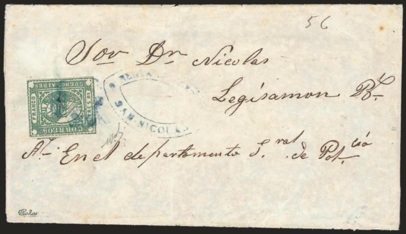 1858, 3p (Tres Ps) Green (3).> Large margins to clear of frameline at left, bright shade, tied by blurry blue <<ponchito>> cancel, matching <Renta de Correos San-Nicolas> double-oval handstamp on folded cover to
Dr. Nicolas, minor splits and wear