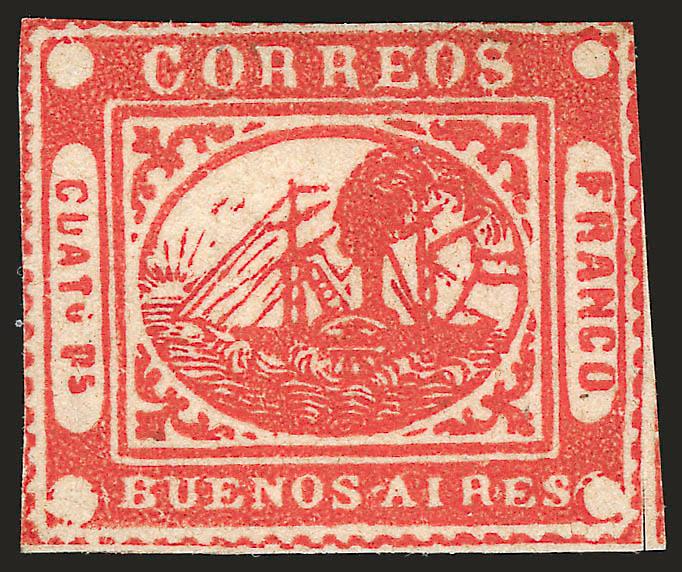 1858, 4p (Cuato Ps) Vermilion (4).> Unused with small part gum which may be original, intense shade and impression, clear to ample margins with framelines on three sides, slightly in at top, scissors-cut at
bottom right just touches frameline but c