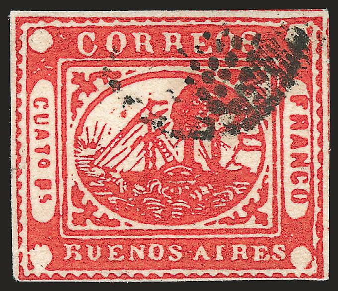 1858, 4p (Cuato Ps) Vermilion (4).> Position 14, framelines surrounded by white margin on all sides, three large margins and ample at bottom, neat <<ponchito>> cancel, gorgeous intense shade and impression, tiny
scissors-cut at lower left just into
