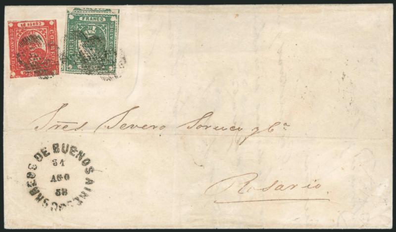 1858, 3p (Tres Ps) Green, 4p (Cuato Ps) Vermilion (3, 4).> 3p with huge margins all around showing portions of surrounding stamps, rich color, 4p usual small margins to slightly in, deep shade, both well-tied by
three strikes of <<ponchito>> canc