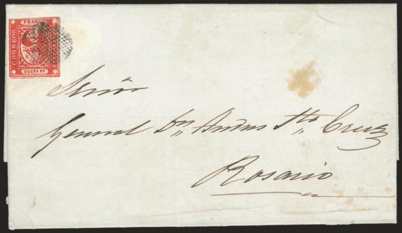 1858, 4p (Cuato Ps) Vermilion (4).> Three large margins, slightly in along half of right frameline, gorgeous deep shade, tied by perfectly struck <<ponchito>> cancel on folded letter to Rosario, datelined Buenos
Aires, Oct. 18, 1858, small stain sp