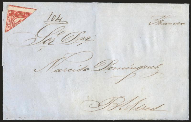 1858, 4p (Cuato Ps) Vermilion, Diagonal Half Used as 2p (4a).> Upper left diagonal half with huge left sheet margin and full margin at top showing patterned frameline, uncancelled, originating on blue folded
letter to Buenos Aires, datelined Dolore