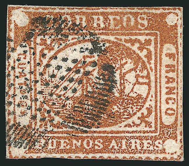 1858, 4p (Cuato Ps) Chestnut Brown, Error of Color (4 unlisted variety).> Position 18, sharply-struck <<ponchito>> cancel, margins mostly clear of or just touching framelines, rich unadulterated color in the
distinct Chestnut Brown shade, couple cr