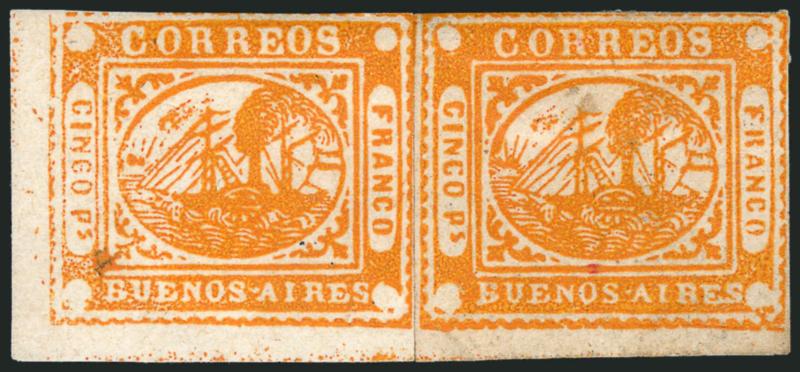 1858, 5p (Cinco Ps) (Cinco Ps) Orange (5).> Positions 41 and 42, originally a horizontal pair (rejoined with hinge), left stamp unused (no gum), right stamp with large part original gum, huge sheet margins at
left and bottom, others sides mostly