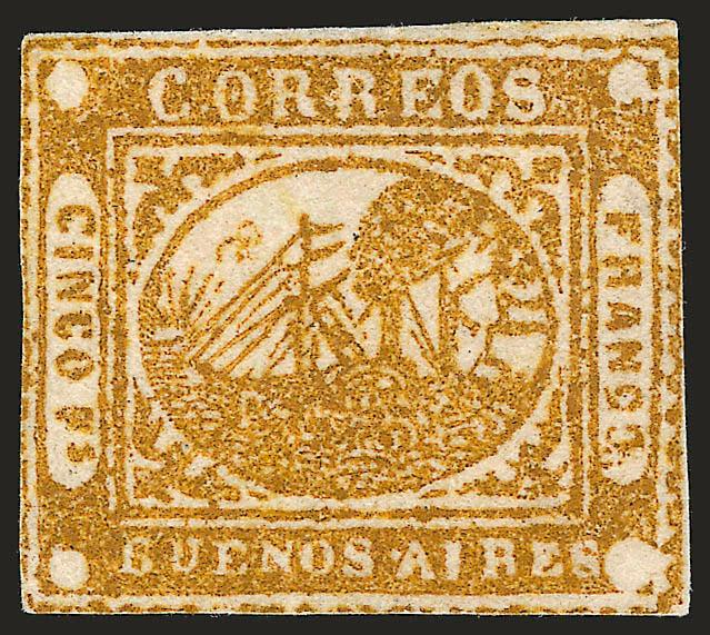 1858, 5p (Cinco Ps) Olive Yellow (5b).> Position 9, unused (no gum), framelines all around, wonderful deep rich color and distinctive Olive Yellow shade, tiny pinhole at upper left is probably nothing more than a
natural paper flaw and mentioned on