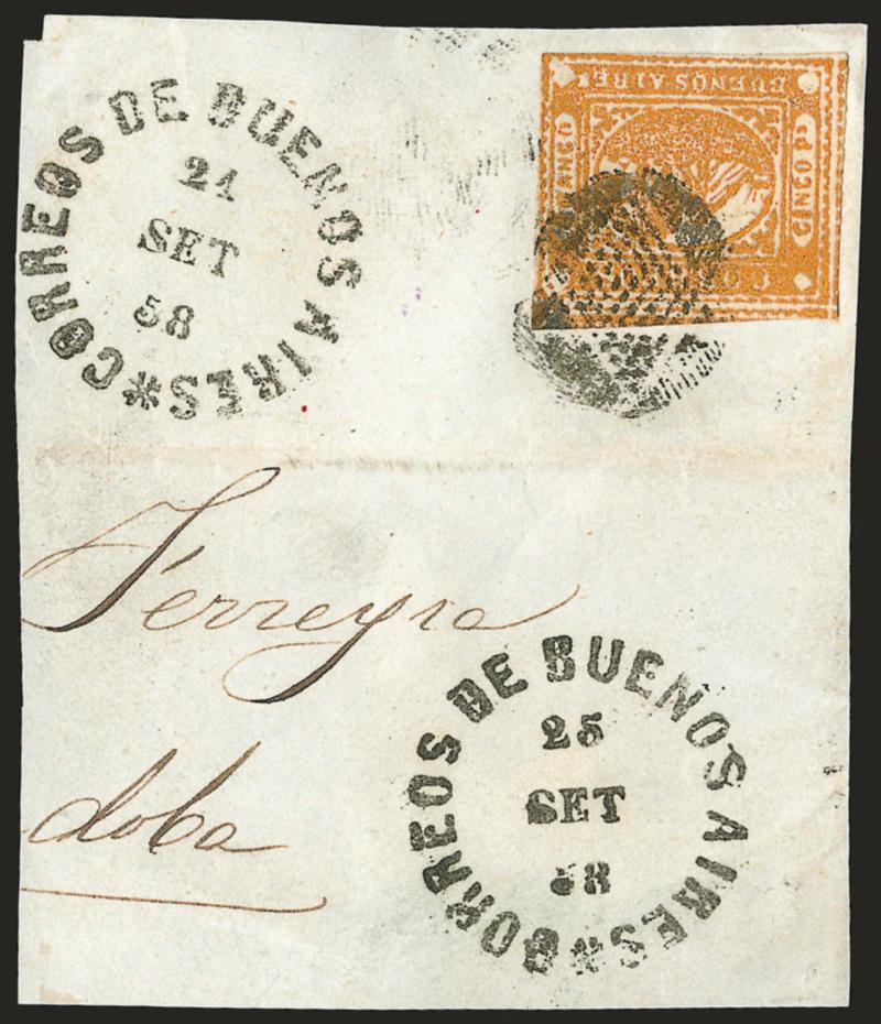 1858, 5p (Cinco Ps) Ocher (5a).> Huge margins at top and left showing parts of adjoining stamps, mostly large at right and bottom except where touched at corner, wonderful deep rich color, tied by <<ponchito>>
cancel on large piece with two strikes