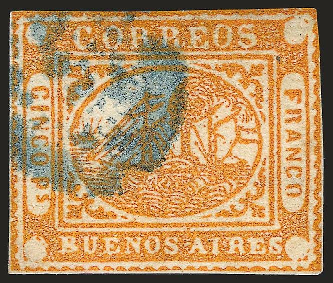 1858, 5p (Cinco Ps) Orange (5).> Margins clear of or just touching framelines on all sides, blue <<ponchito>> cancel, Very Fine, scarce in sound condition, three dealerexpert backstamps