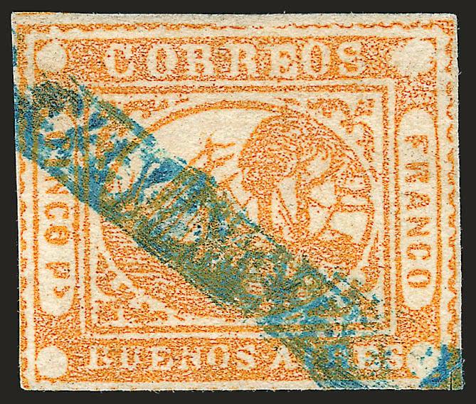 1858, 5p (Cinco Ps) Orange (5).> Three ample margins, slightly in at bottom, cancelled by blue Band of Flowers courier handstamp, tiny scissors cut at bottom right corner, otherwise Very Fine, scarce cancel, ex
Caspary (where described as the Och