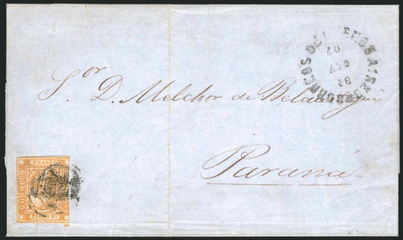 1858, 5p (Cinco Ps) (Cinco Ps) Ocher (5a).> Light shade, margins well clear of framelines at sides, just slightly into top frameline and a bit cut in at bottom, tied by blurry <<ponchito>> cancel, Correos de
Buenos Aires 10 Ago 58 circular date