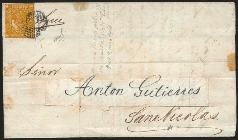 1858, 5p (Cinco Ps) Olive Yellow (5b).> Framelines complete on three sides and mostly complete at top, a deep rich shade and unusual heavily-inked impression creating an impasto effect, tied by perfectly struck
<<ponchito>> cancel on large part of