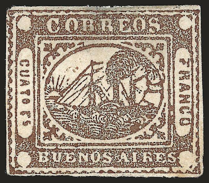 1858, 4r (Cuato rs) Brown (6).> Unused (no gum), full margins all around, thinned at top, Extremely Fine appearance