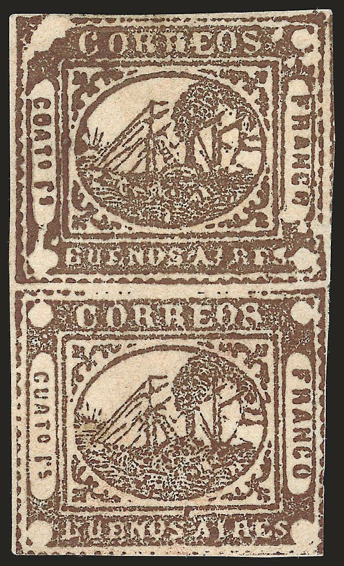1858, 4r (Cuato rs) Brown (6).> Positions 2230, vertical pair, unused (no gum), large margins almost all around except at lower right where just touched, Extremely Fine for this issue, an exceedingly rare unused
multiple which is missing from most