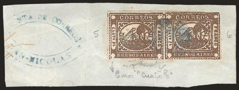 1858, 4r (Cuato rs) Brown, Ps instead of rs (6 var).> Positions 5-6, horizontal pair, left stamp shows untouched Ps variety, beautiful rich color and clear impression, unobscured by blue <<ponchito>> cancel,
matching Renta de Correos San-Nic