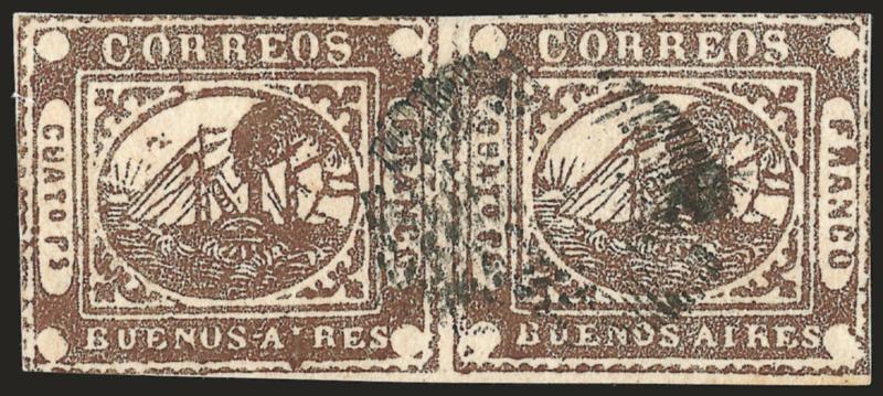 1858, 4r (Cuato rs) Brown, Ps instead of rs (6 var).> Positions 33-34, horizontal pair, left stamp shows Ps variety due to insufficient erasure of letter, clear impression and unobscured by <<ponchito>> cancel,
large margins to slightly in, t