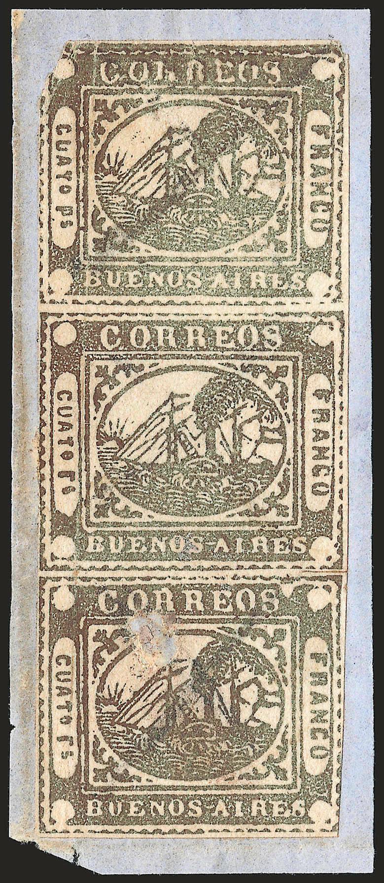 1858, 4r (Cuato rs) Gray Brown, Ps instead of rs (6a var).> Positions 51321, vertical strip of three, top stamp shows untouched Ps variety, uncancelled on piece, large margins to slightly in at top left, hole in
bottom stamp and some discol