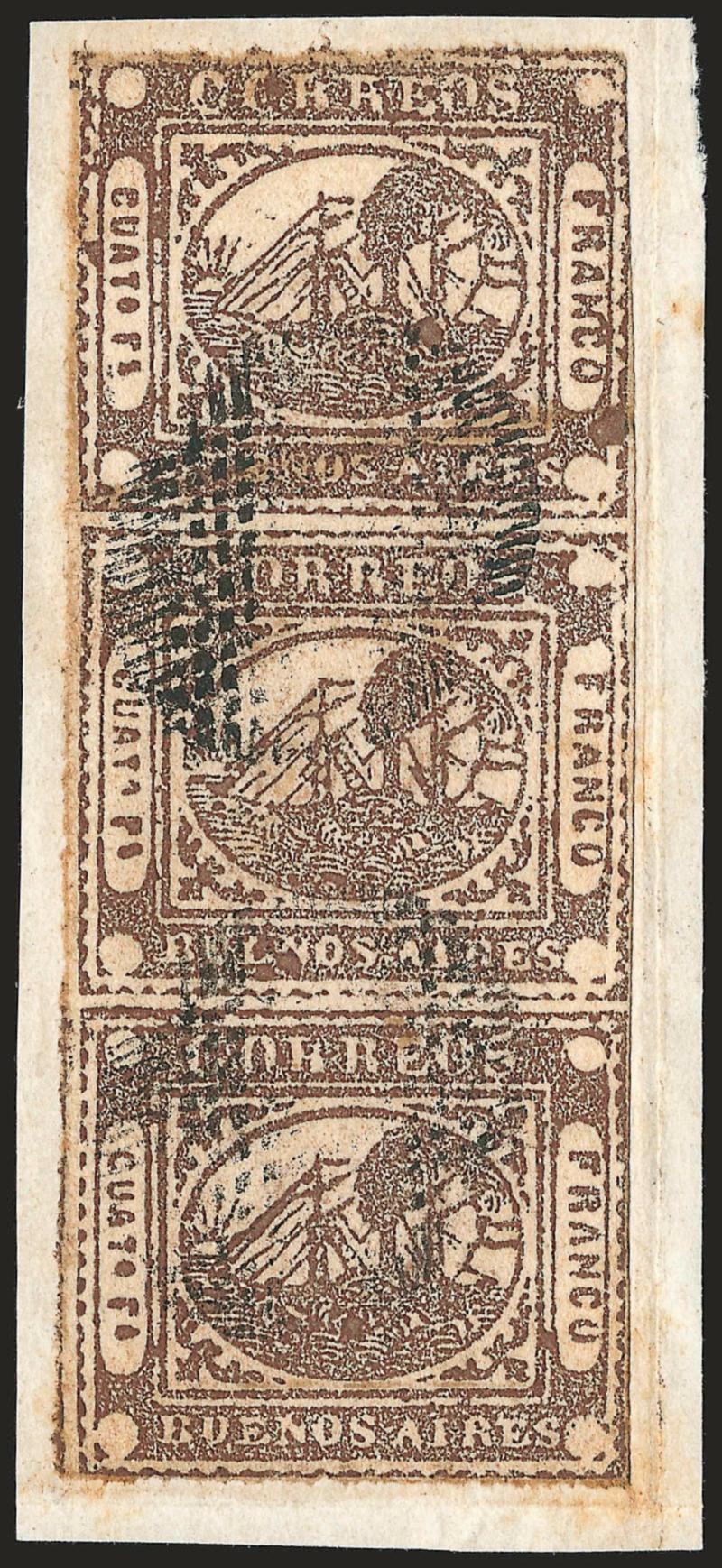 1858, 4r (Cuato rs) Brown (6).> Vertical strip of three lightly cancelled by <<ponchito>> on small piece, framelines mostly complete, faint toning in margins, still Very Fine, this is the largest-size multiple of
the 4r Brown