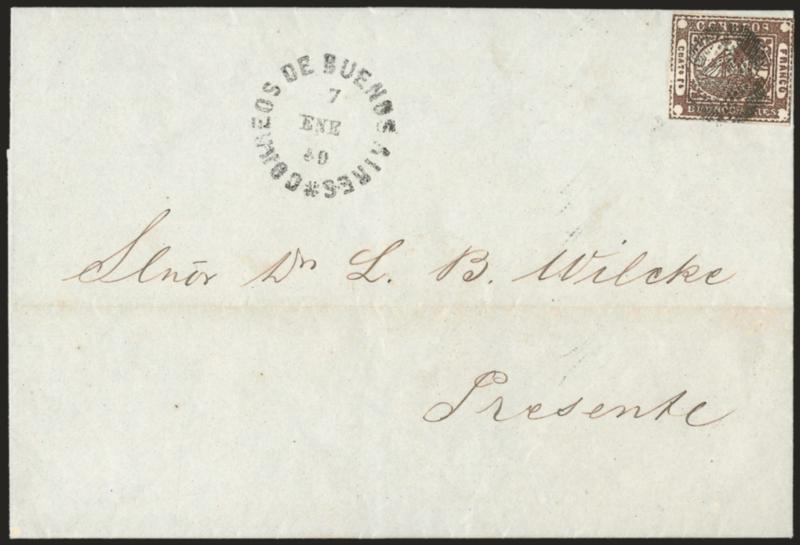 1858, 4r (Cuato rs) Brown (6).> Large margins to just barely touched, rich Chocolate Brown shade, tied by <<ponchito>> cancel, Correos de Buenos Aires 7 Ene 59 circular datestamp on folded printed notice to local
addressee within Buenos Aires, li