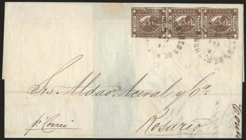 1858, 4r (Cuato rs) Brown (6).> Positions 17-19, horizontal strip of three, large margins almost all around, just barely in at bottom left of lefthand stamp, deep rich color, tied by two neat strikes of Correos
de Buenos Aires 26 Abr 59 circular
