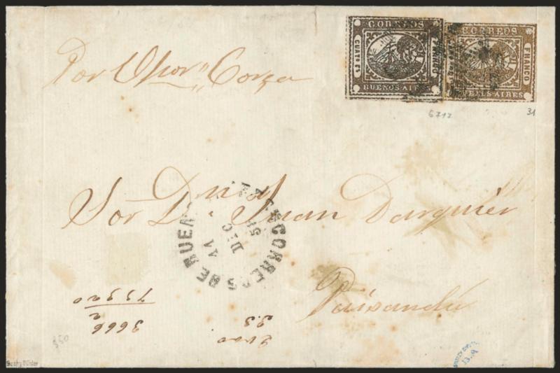1858, 4r (Cuato rs) Brown, 1p (In Ps) Light Brown (1, 6).> The two October 1858 issues used together, 4r with two huge margins showing parts of adjoining stamps, framelines mostly complete in other sides, 1p with
small margins but framelines most