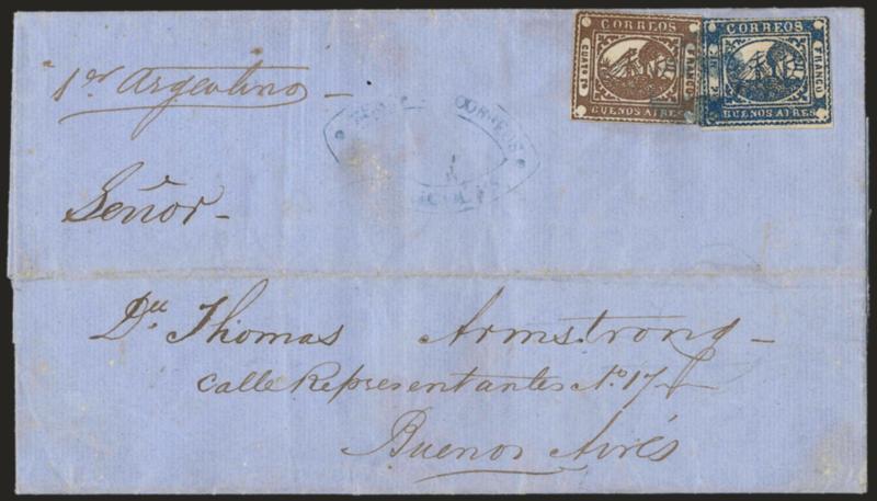 1858, 4r (Cuato rs) Brown, 1p (In Ps) Blue (1, 6).> The October 1858 (4r) and January 1859 (1p) issues used together, 4r large margins almost all around, just barely touched at right, 1p with three large margins
and slightly in at top, rich color