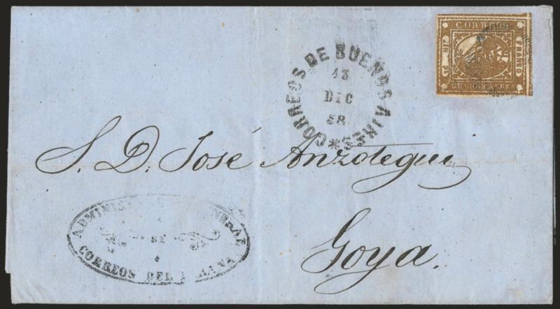 1858, 1p (In Ps) Light Brown (1).> Huge margins at top and right showing parts of adjoining stamps, other sides full to clear, tied by lightly-struck <<ponchito>> cancel, Correos de Buenos Aires 13 Dec 58
circular datestamp on blue folded cover t