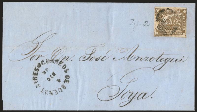 1858, 1p (In Ps) Light Brown (1).> Large to huge margins on three sides including part of top sheet margin, barely in along right frameline, cancelled by sharply-struck <<ponchito>> cancel, Correos de Buenos
Aires 4 Dec 58 circular datestamp on b