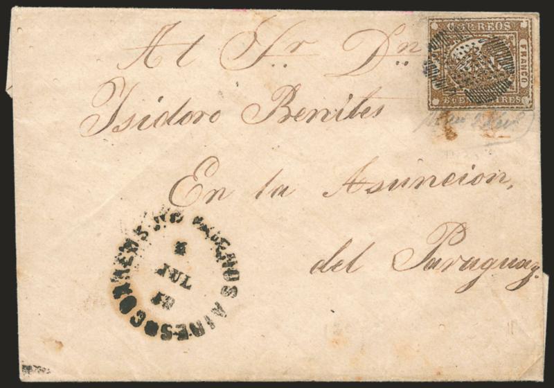 1858, 1p (In Ps) Light Brown (1).> Ample margins to just barely in at upper left, tied by perfectly struck <<ponchito>> cancel, Correos de Buenos Aires 4 Jul 59 circular datestamp on folded cover <to Asuncion,
Paraguay,> minor stain spots touch s