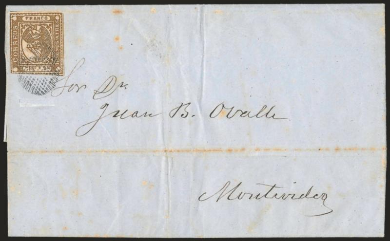 1858, 1p (In Ps) Light Brown (1).> Two large margins, touched at top and just barely in at upper left, tied by clearly struck <<ponchito>> cancel (without datestamp) on blue folded letter <to Montevideo,
Uruguay,> datelined Buenos Aires, Dec. 8, 18
