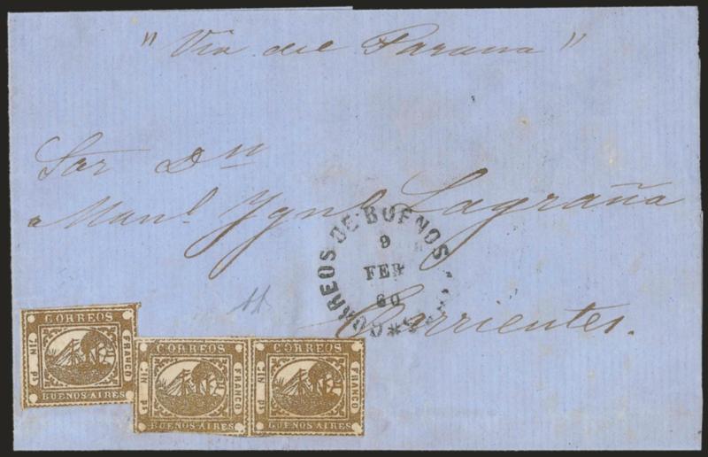 1858, 1p (In Ps) Light Brown (1).> Horizontal pair, margins mostly clear except at bottom left where slightly in, used with single, ample to clear margins, all stamps uncancelled, Correos de Bueno Aires 9 Feb 60
circular datestamp on blue folded