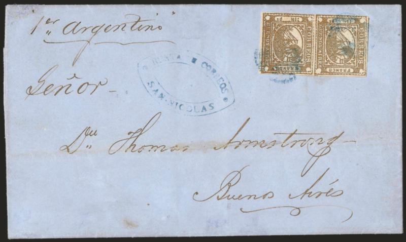 1858, 1p (In Ps) Light Brown (1).> Positions 3947, vertical pair, large margins to clear at upper left, bright color, tied by two light strikes of blue <<ponchito>> cancel, matching <Renta de Correos San-Nicolas>
double-oval handstamp on blue fo